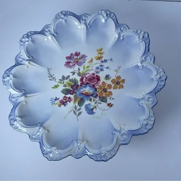 Vintage Floral Blue Pedestal Cake Stand Home Decor Fruit Display Centerpiece - Picture 5 of 12